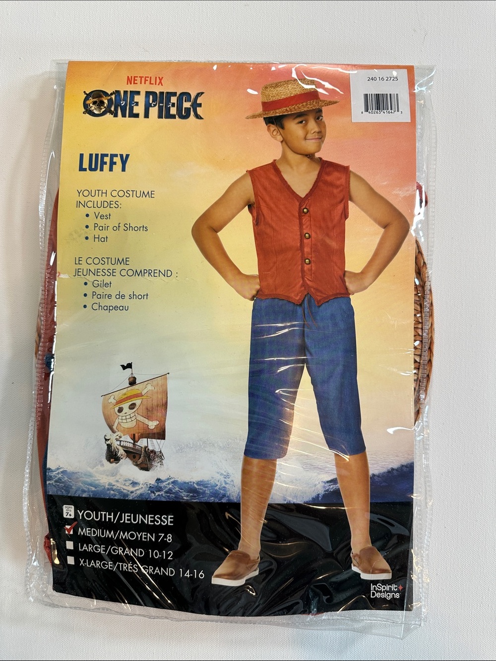 One Piece Luffy Costume - Red Vest, Blue Shorts & Hat - NWT - Medium